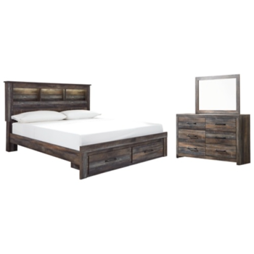 Drystan King Bookcase Bed with 2 Storage Drawers with Mirrored Dresser, Multi