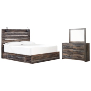 Drystan King Panel Bed with 4 Storage Drawers with Mirrored Dresser, Multi