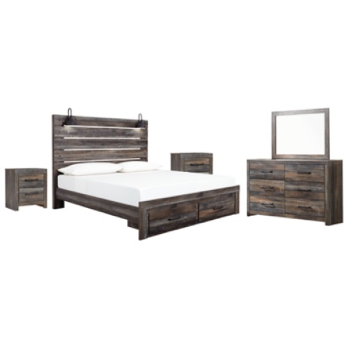 Drystan King Panel Bed with Storage with Mirrored Dresser and 2 Nightstands, Multi