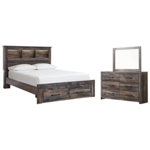 Drystan Queen Bookcase Bed with 2 Storage Drawers with Mirrored Dresser, Multi
