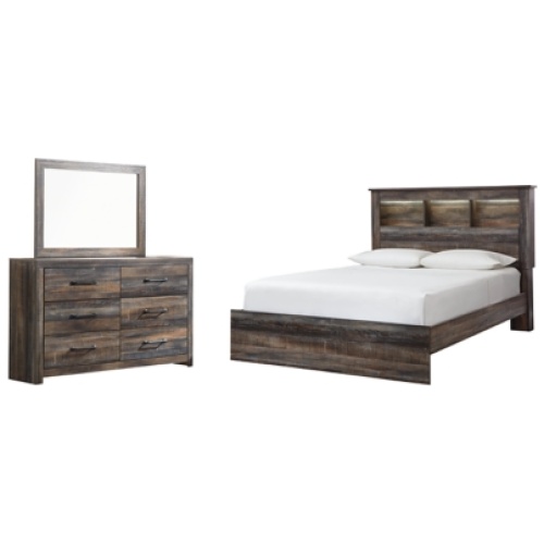 Drystan Queen Bookcase Bed with Mirrored Dresser, Multi