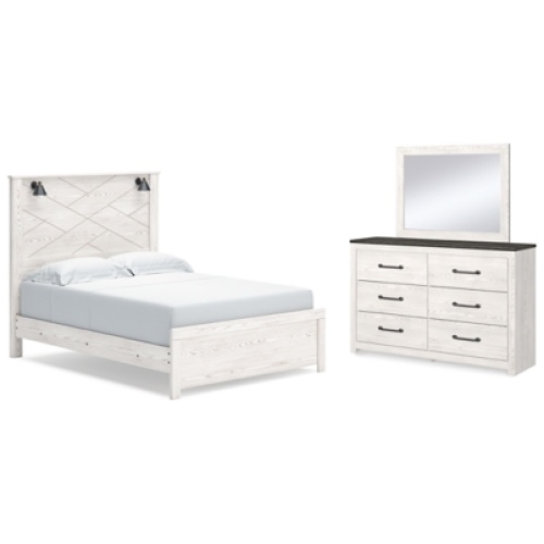 Gerridan Queen Panel Bed with Mirrored Dresser, White/Gray