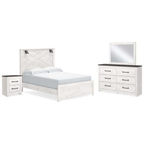 Gerridan Queen Panel Bed with Mirrored Dresser and Nightstand, White/Gray