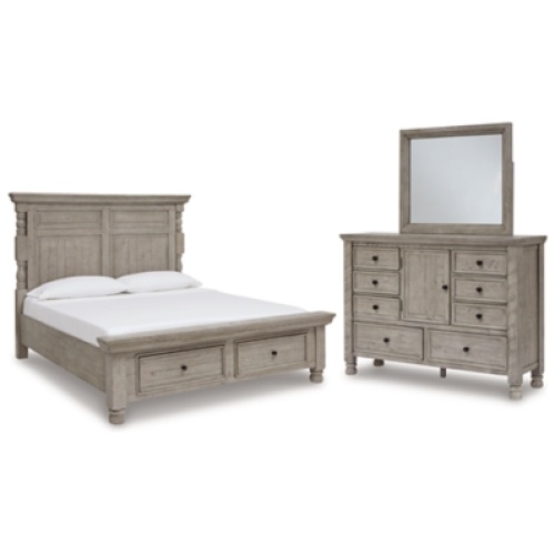 Harrastone Queen Panel Bed with Mirrored Dresser, Gray