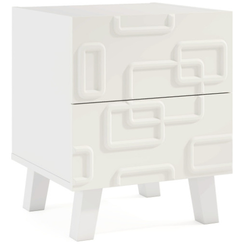 Modern Nightstand Side Table with Drawers and 3D Geometric Patterns-White