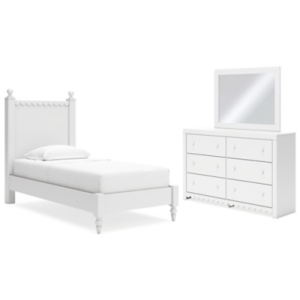 Mollviney Twin Panel Bed with Mirrored Dresser, White