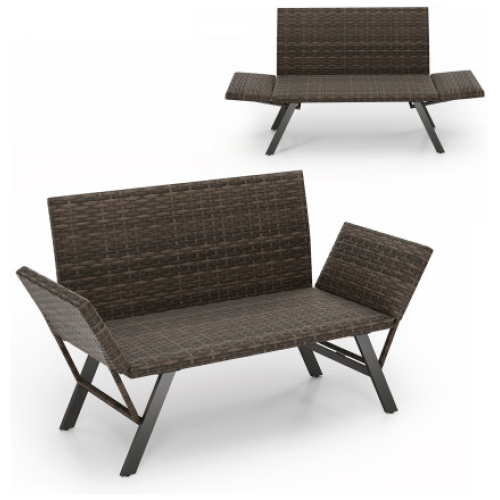 Patio Convertible Sofa for 2 Quick Dry Foam Padded Rattan with Armrests-Gray