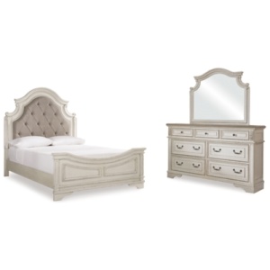 Realyn Queen Upholstered Panel Bed with Mirrored Dresser, Chipped White