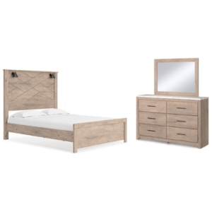 Senniberg Queen Panel Bed with Mirrored Dresser, Light Brown/White