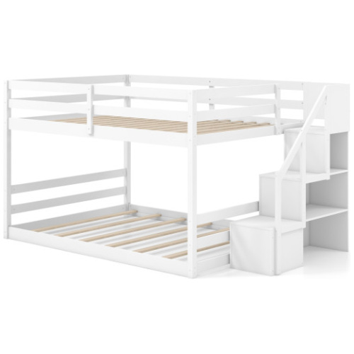 Solid Wood Full Over Full Low Bunk Bed with Storage Stairs-White