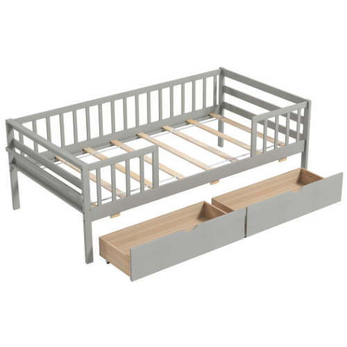 Twin Daybed with Fence and 2 Drawers Kids Bed for Boys & Girls-Gray