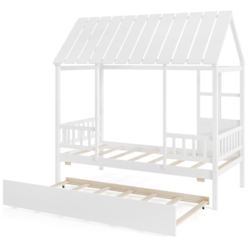 Twin Size House Bed with Trundle Kids Platform Bed with Roof Window-White