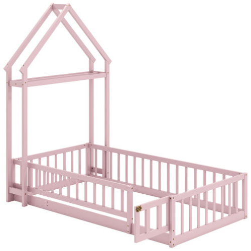 Twin Size House Floor Bed with House-shaped Headboard-Pink