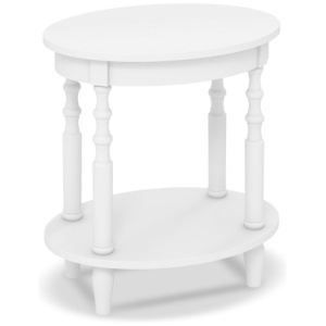 2-Tier Oval Side Table with Storage Shelf and Solid Wood Legs-White