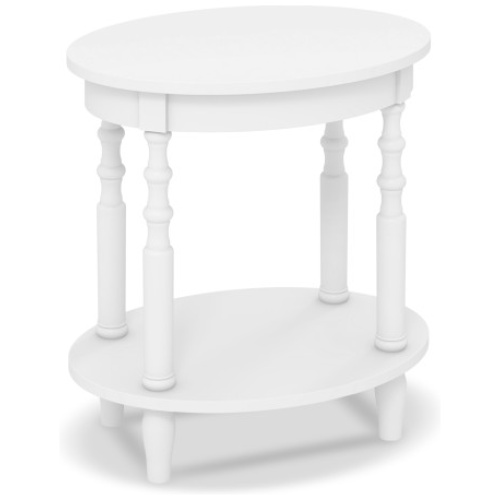 2-Tier Oval Side Table with Storage Shelf and Solid Wood Legs-White