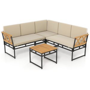 4 Piece L-Shaped Sofa Set with Side Table for Backyard-Brown