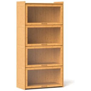 4-Tier Bamboo Bookcase with Doors for Study Room Living Room-Natural