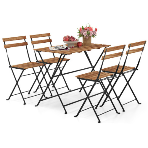 5 Piece Patio Acacia Wood Dining Set with 4 Folding Chairs-Brown