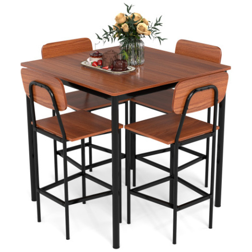5 Pieces Industrial Dining Table Set with Counter Height Table and 4 Bar Stools-Walnut