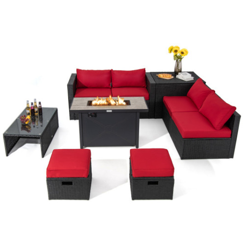 9 Pieces Outdoor PE Rattan Wicker Sectional Sofa with 42 Inch 60, 000 BTU Gas Fire Pit Table-Red