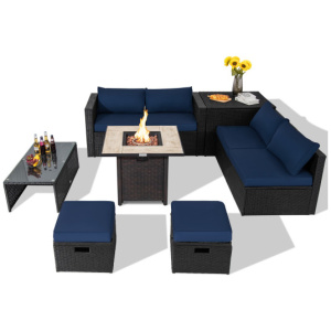 9 Pieces Outdoor PE Rattan Wicker Sectional Sofa with 42 Inch Gas Fire Pit Table-Navy