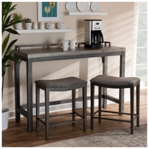 Baxton Studio Counter Height Dining Table and 2 Bar Stools Set, Gray