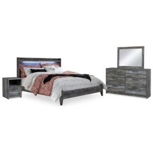 Baystorm King Panel Bed with Mirrored Dresser and Nightstand, Gray
