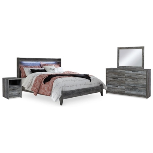 Baystorm King Panel Bed with Mirrored Dresser and Nightstand, Gray