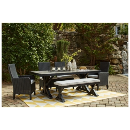Beachcroft Outdoor Dining Table and 4 Chairs and Bench, Black/Light Gray