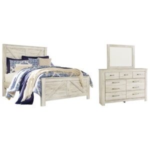 Bellaby Queen Crossbuck Panel Bed with Mirrored Dresser, Whitewash