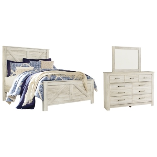 Bellaby Queen Crossbuck Panel Bed with Mirrored Dresser, Whitewash