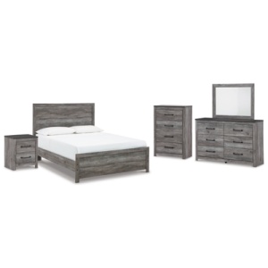 Bronyan Queen Panel Bed with Mirrored Dresser, Chest and Nightstand, Dark Gray