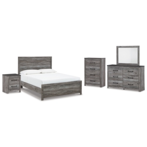 Bronyan Queen Panel Bed with Mirrored Dresser, Chest and Nightstand, Dark Gray
