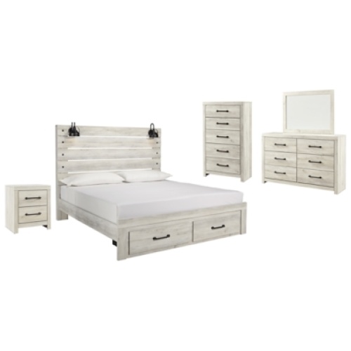 Cambeck King Panel Bed with 2 Storage Drawers with Mirrored Dresser, Chest and Nightstand, Whitewash