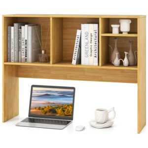 Computer Desktop Bookcase with 4 Cubbies and Open Back Compartment-Beige