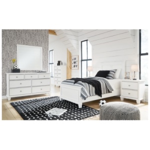 Fortman Twin Panel Bed with Mirrored Dresser, Chest and 2 Nightstands, White