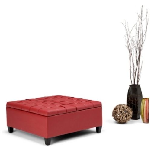 Harrison 36 inch Wide Transitional Square Coffee Table Storage Ottoman in Crimson Red Faux Leather