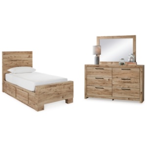 Hyanna Twin Panel Bed with Storage with Mirrored Dresser, Tan Brown