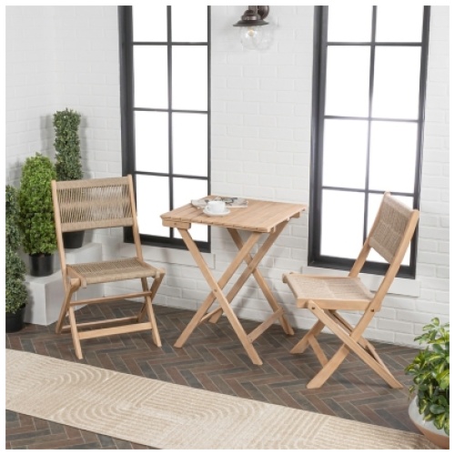 JONATHAN Y Javea Outdoor Folding Bistro Table and 2 Chairs, Light Teak