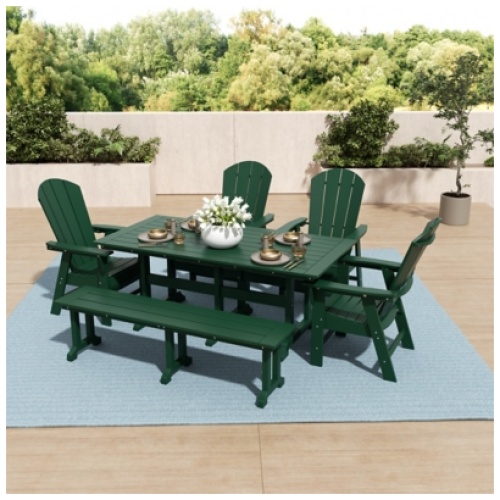 Laguna Outdoor Adirondack Dining Table and 4 Chairs and Bench, Dark Green