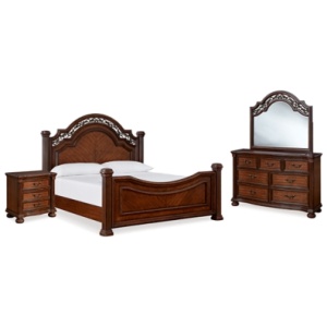 Lavinton California King Poster Bed with Mirrored Dresser and Nightstand, Brown