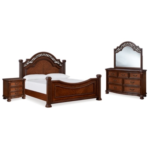 Lavinton California King Poster Bed with Mirrored Dresser and Nightstand, Brown
