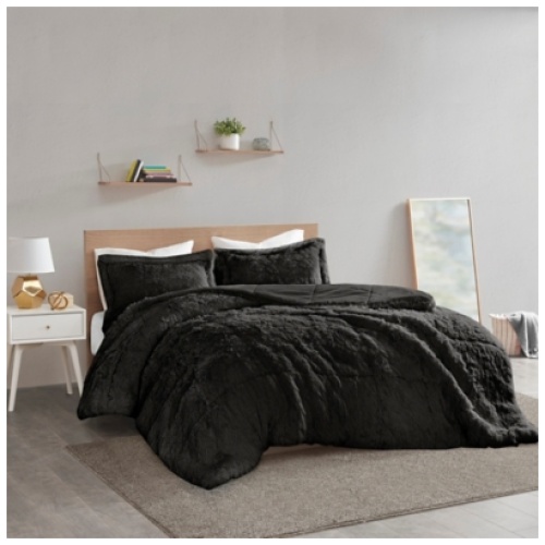 Leena Shaggy Long Fur King/California King Comforter Mini Set, Black