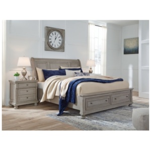 Lettner Queen Sleigh Bed with 2 Storage Drawers, Light Gray
