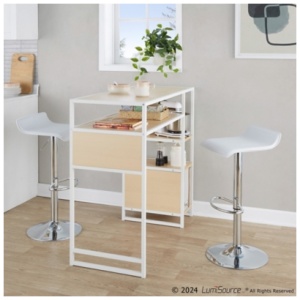 LumiSource Display Ale Counter Height Dining Table with Storage Space and 2 Bar Stools, White