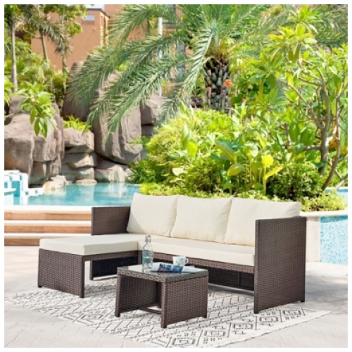 Manhattan Comfort Menton Outdoor Chair Lounge with 2 Seater and Coffee Table (Set of 2), Brown/Cream