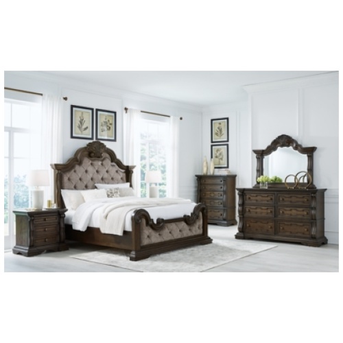 Maylee Queen Upholstered Bed with Mirrored Dresser, Chest and 2 Nightstands, Dark Brown