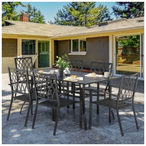 Nuu Garden Outdoor Dining Table with 1.77" Umbrella Hole and 6 Chairs, Black
