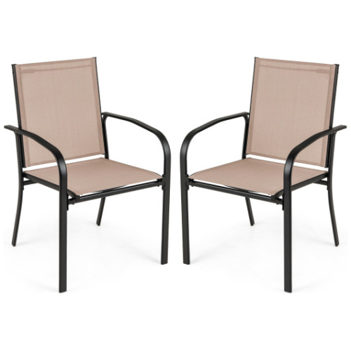 Outdoor Dining Chairs Set of 2 with High Back and Metal Frame-Light Brown