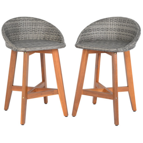 Outdoor Faux Rattan Bar Chairs Set of 2 with Ergonomic Backrests and Footrests-Gray